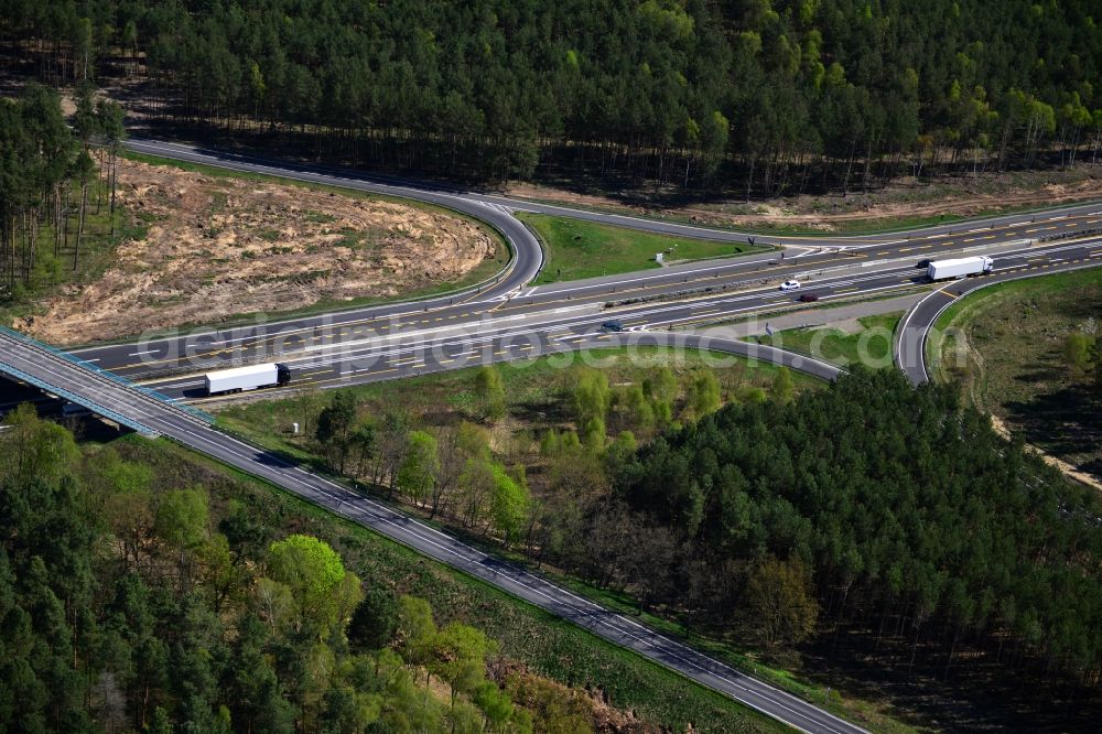 Dannenreich from the bird's eye view: Construction and widening of the route of the highway / motorway BAB A12 / E30 in the intersection of State Road L39 at Dannenreich in Brandenburg