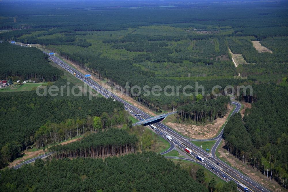 Dannenreich from the bird's eye view: Construction and widening of the route of the highway / motorway BAB A12 / E30 in the intersection of State Road L39 at Dannenreich in Brandenburg