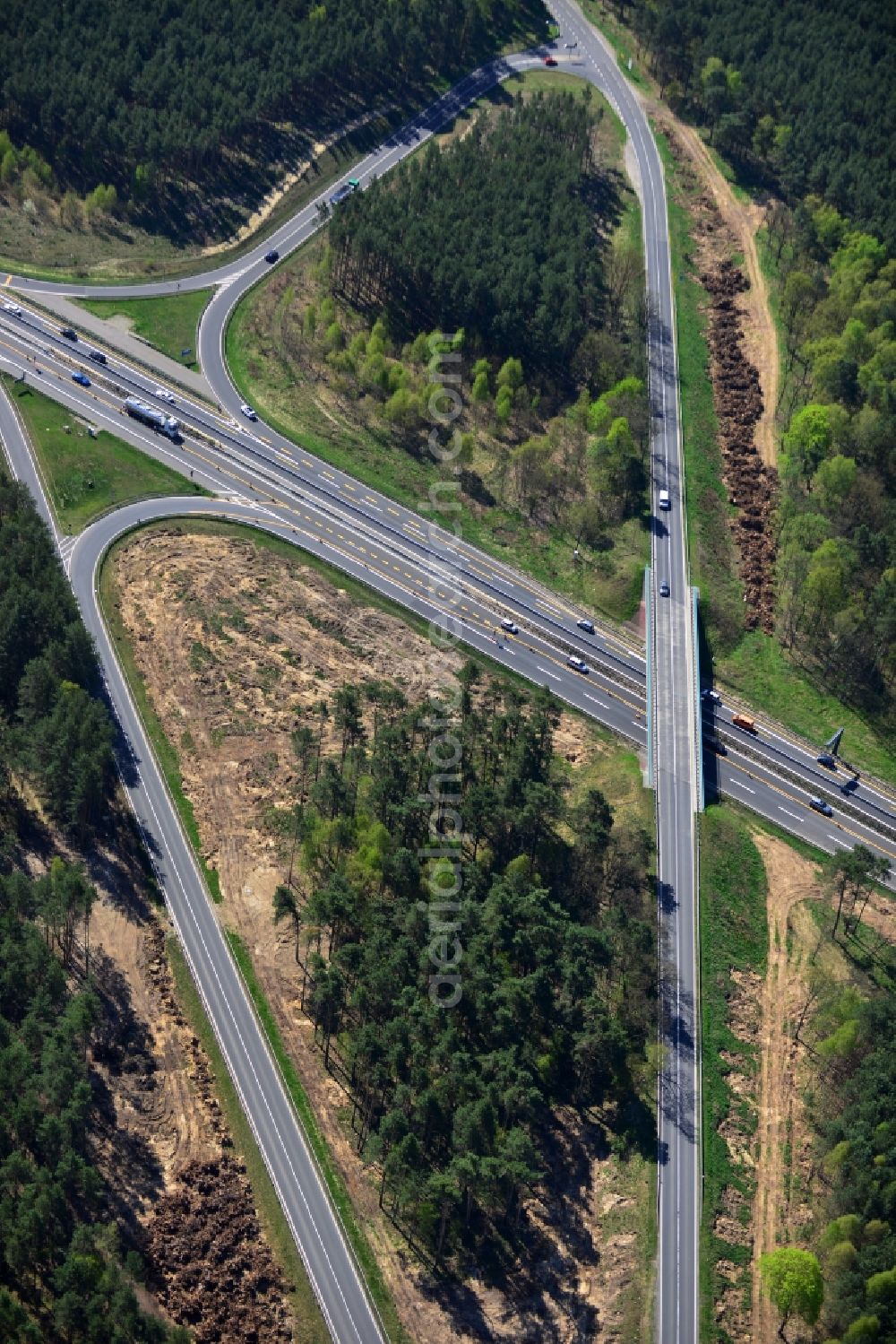 Dannenreich from above - Construction and widening of the route of the highway / motorway BAB A12 / E30 in the intersection of State Road L39 at Dannenreich in Brandenburg