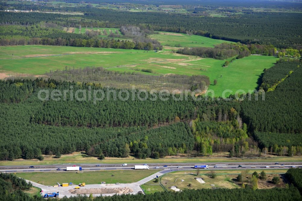 Dannenreich from above - Construction and widening of the route of the highway / motorway BAB A12 / E30 in the intersection of State Road L39 at Dannenreich in Brandenburg