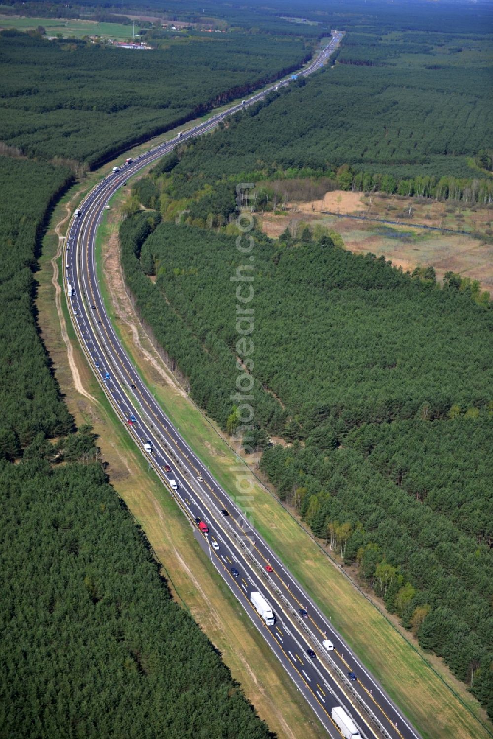 Dannenreich from the bird's eye view: Construction and widening of the route of the highway / motorway BAB A12 / E30 in the intersection of State Road L39 at Dannenreich in Brandenburg