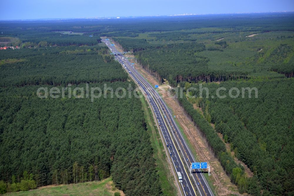 Dannenreich from the bird's eye view: Construction and widening of the route of the highway / motorway BAB A12 / E30 in the intersection of State Road L39 at Dannenreich in Brandenburg