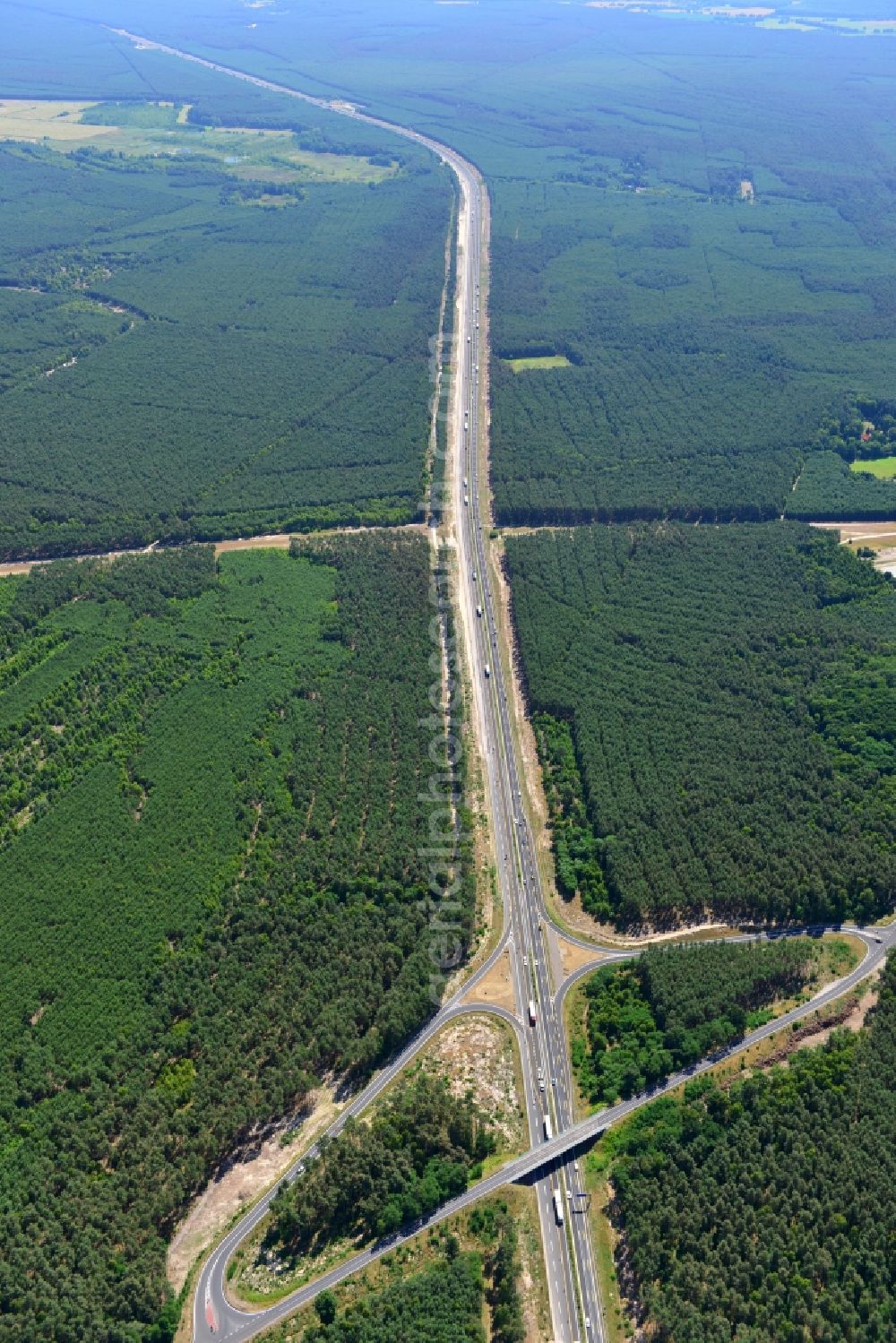 Dannenreich from above - Construction and widening of the route of the highway / motorway BAB A12 / E30 in the intersection of State Road L39 at Dannenreich in Brandenburg