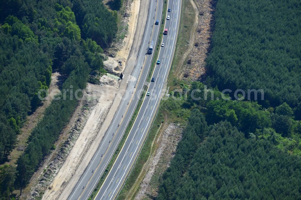 Dannenreich from above - Construction and widening of the route of the highway / motorway BAB A12 / E30 in the intersection of State Road L39 at Dannenreich in Brandenburg