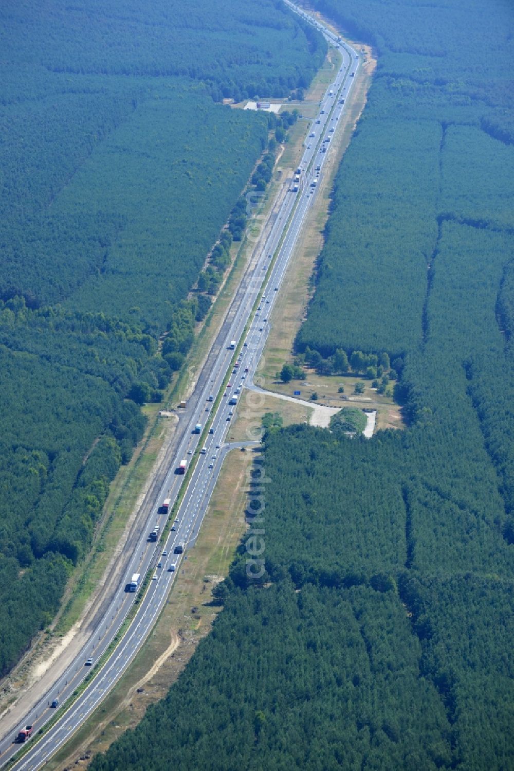 Dannenreich from the bird's eye view: Construction and widening of the route of the highway / motorway BAB A12 / E30 in the intersection of State Road L39 at Dannenreich in Brandenburg