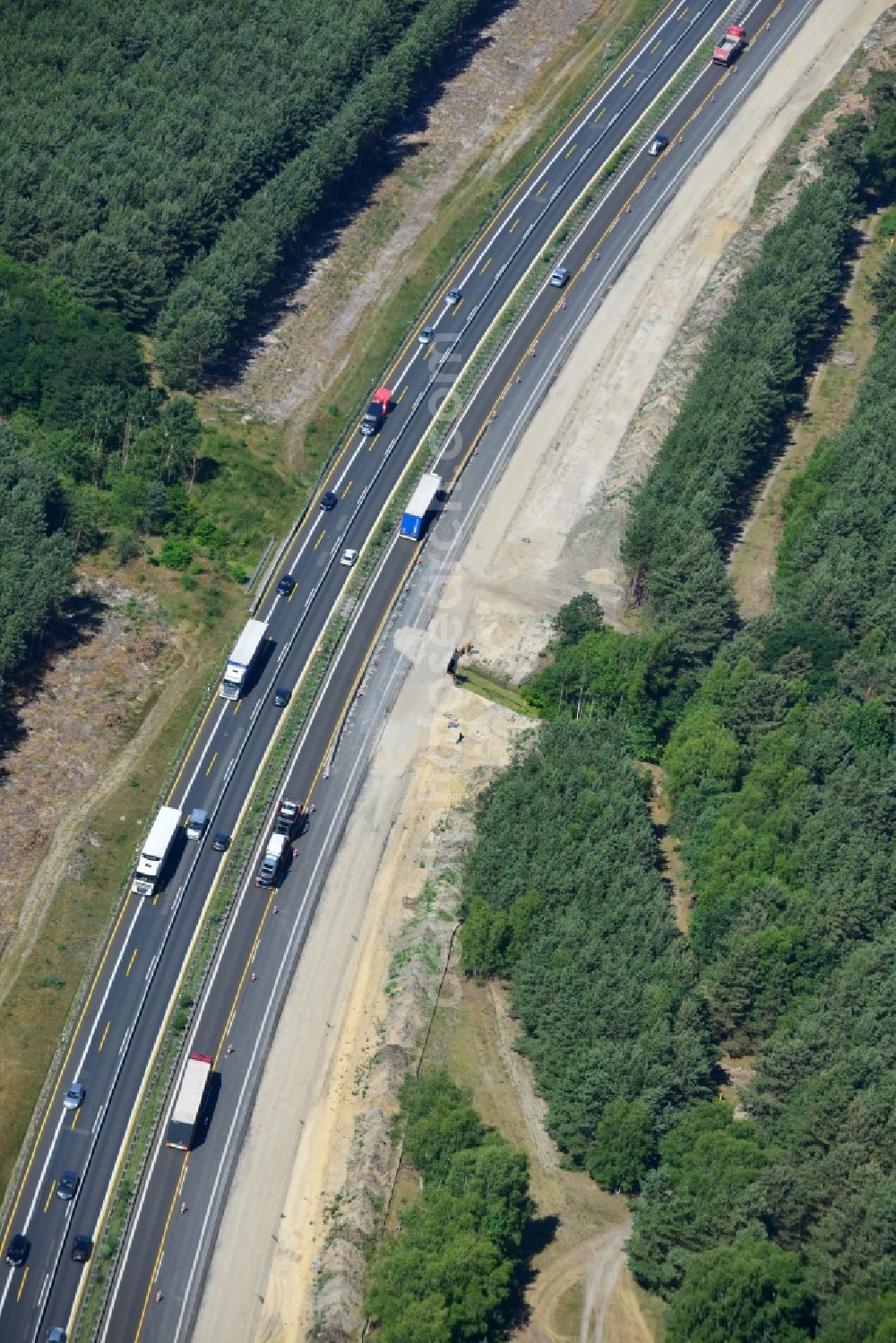 Dannenreich from above - Construction and widening of the route of the highway / motorway BAB A12 / E30 in the intersection of State Road L39 at Dannenreich in Brandenburg