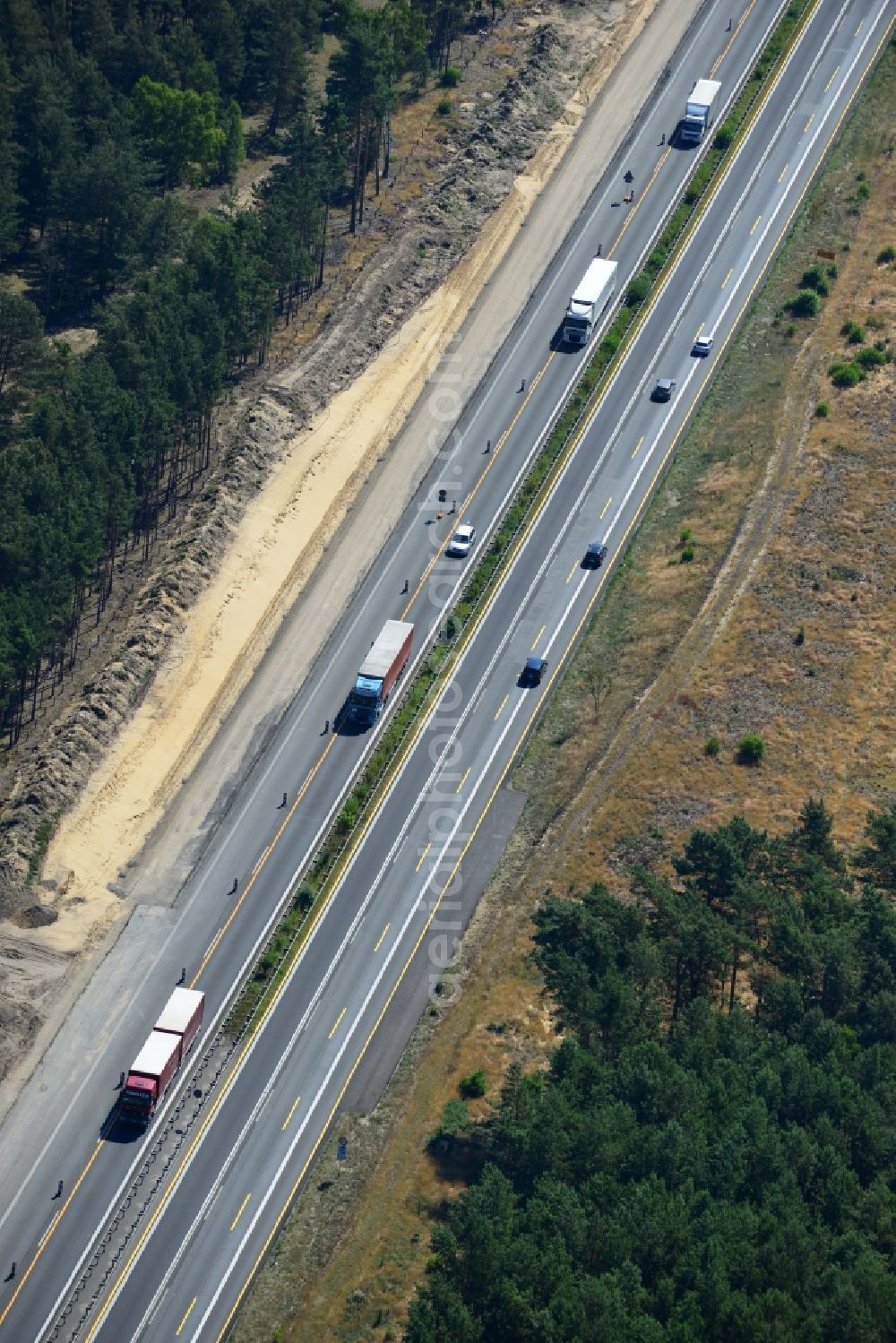 Dannenreich from above - Construction and widening of the route of the highway / motorway BAB A12 / E30 in the intersection of State Road L39 at Dannenreich in Brandenburg