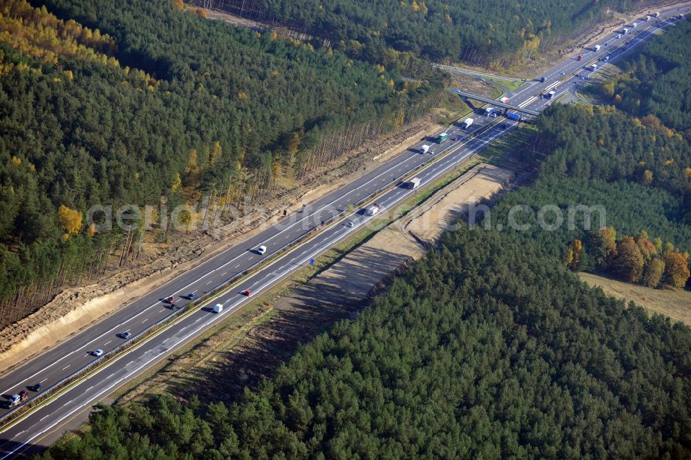 Dannenreich from the bird's eye view: Construction and widening of the route of the highway / motorway BAB A12 / E30 in the intersection of State Road L39 at Dannenreich in Brandenburg