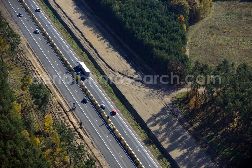 Dannenreich from above - Construction and widening of the route of the highway / motorway BAB A12 / E30 in the intersection of State Road L39 at Dannenreich in Brandenburg