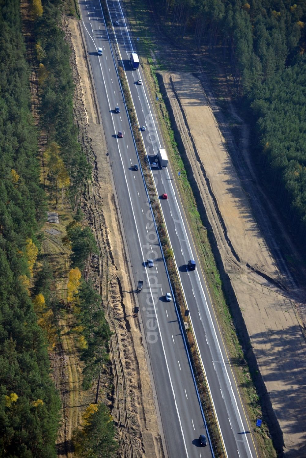 Dannenreich from the bird's eye view: Construction and widening of the route of the highway / motorway BAB A12 / E30 in the intersection of State Road L39 at Dannenreich in Brandenburg