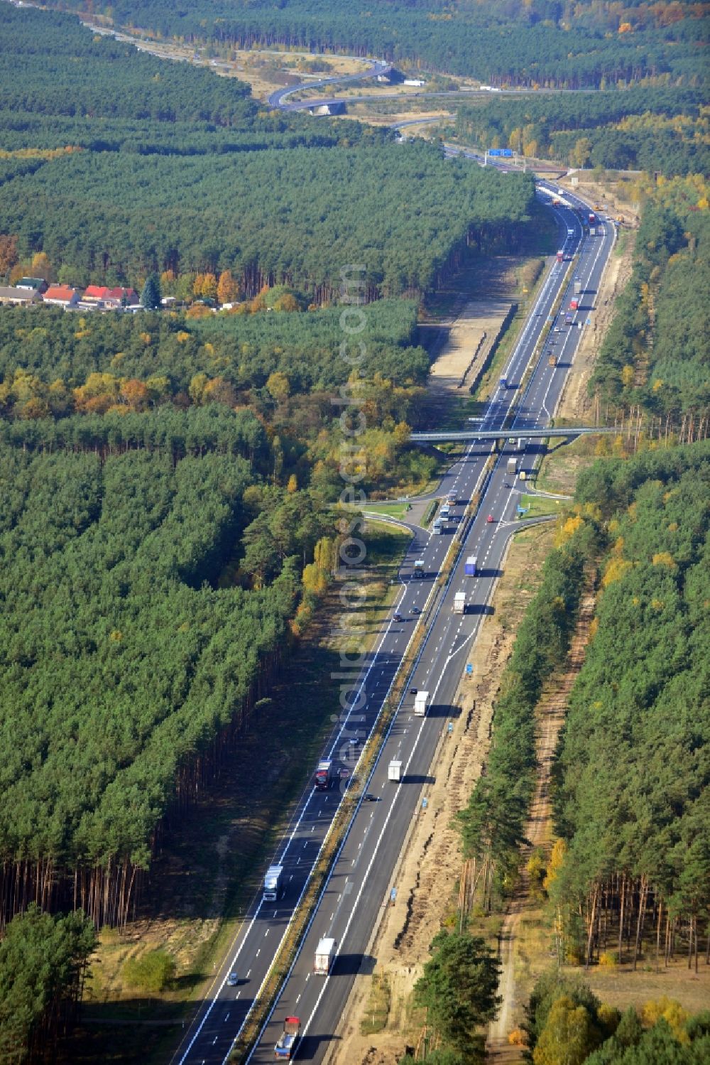 Dannenreich from above - Construction and widening of the route of the highway / motorway BAB A12 / E30 in the intersection of State Road L39 at Dannenreich in Brandenburg