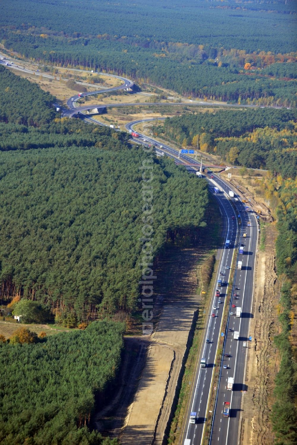 Dannenreich from above - Construction and widening of the route of the highway / motorway BAB A12 / E30 in the intersection of State Road L39 at Dannenreich in Brandenburg