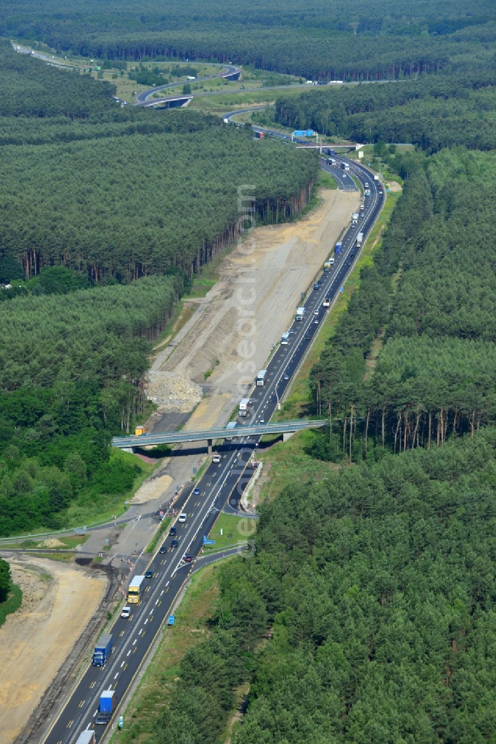 Dannenreich from the bird's eye view: Construction and widening of the route of the highway / motorway BAB A12 / E30 in the intersection of State Road L39 at Dannenreich in Brandenburg