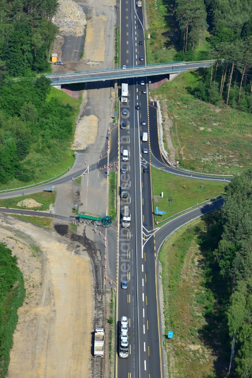 Dannenreich from above - Construction and widening of the route of the highway / motorway BAB A12 / E30 in the intersection of State Road L39 at Dannenreich in Brandenburg