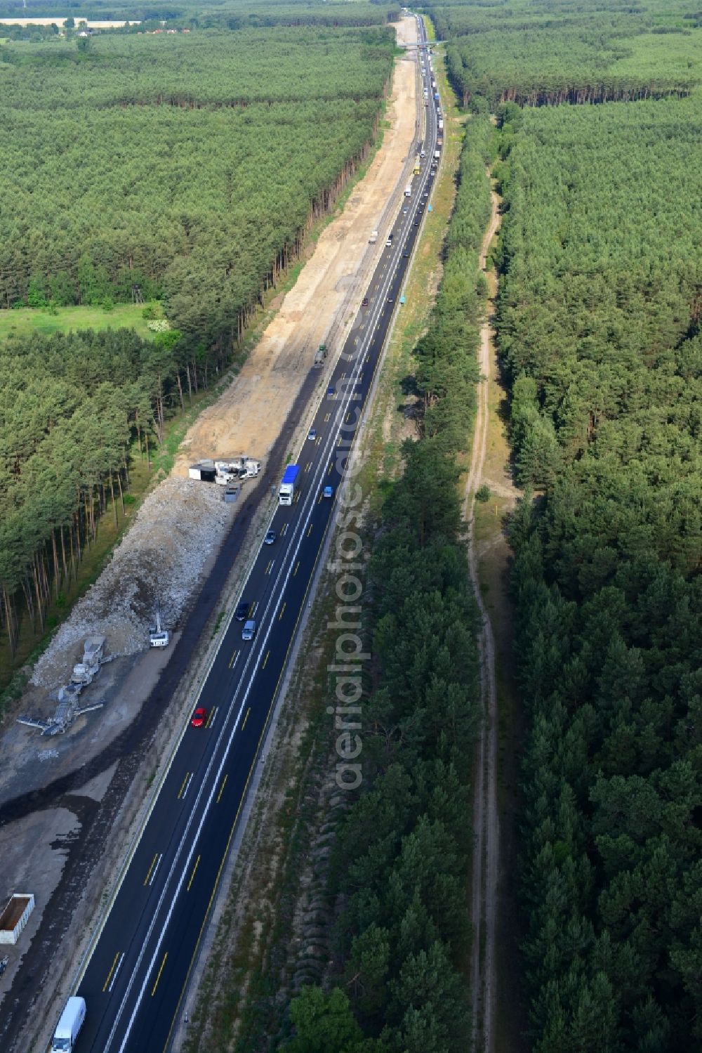 Dannenreich from above - Construction and widening of the route of the highway / motorway BAB A12 / E30 in the intersection of State Road L39 at Dannenreich in Brandenburg