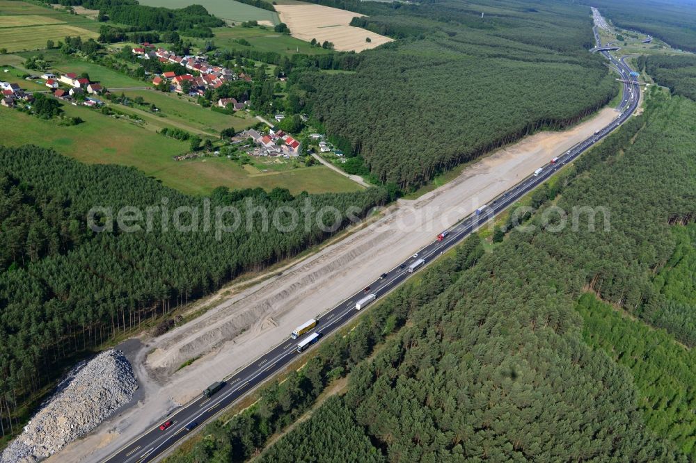 Dannenreich from above - Construction and widening of the route of the highway / motorway BAB A12 / E30 in the intersection of State Road L39 at Dannenreich in Brandenburg