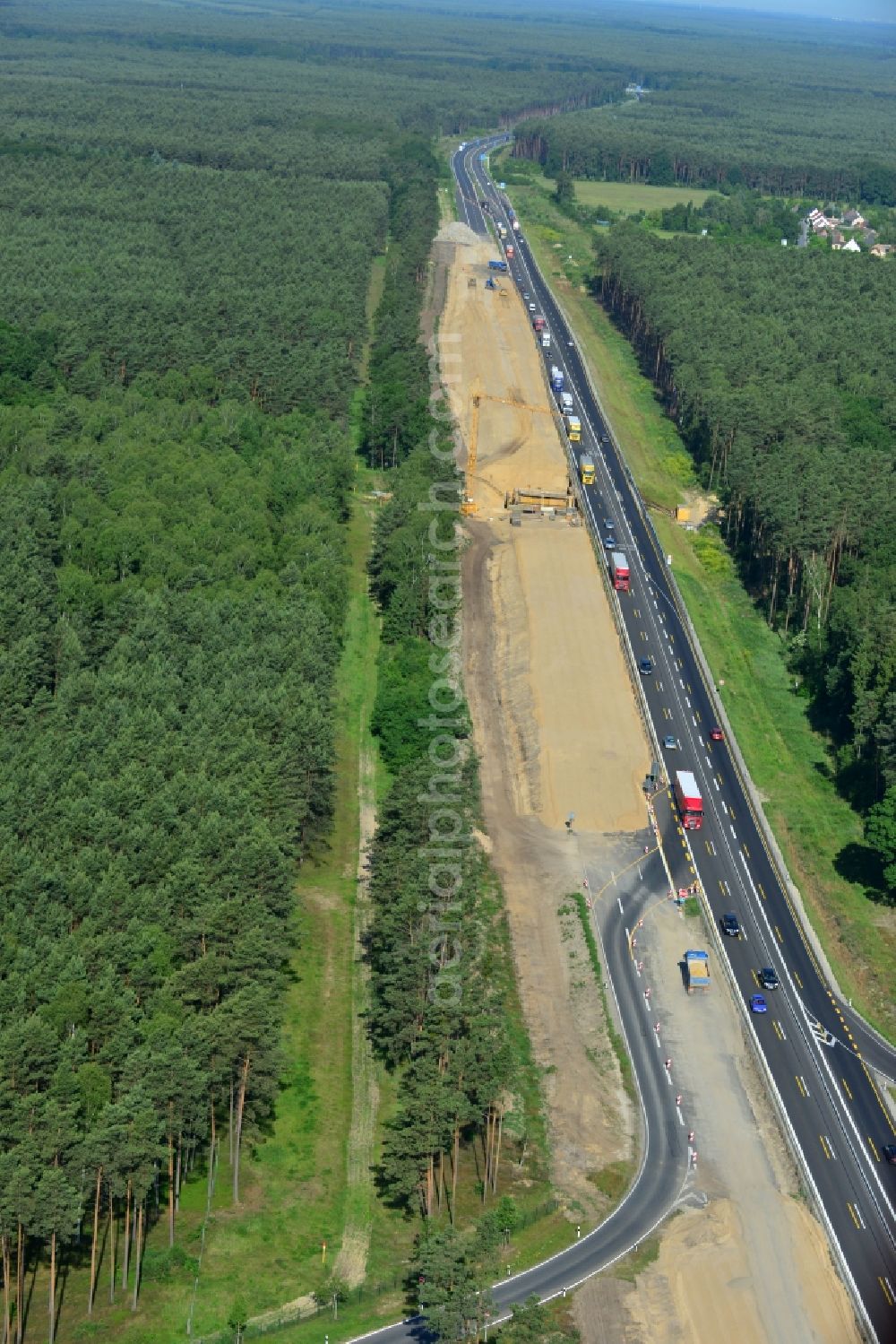 Dannenreich from above - Construction and widening of the route of the highway / motorway BAB A12 / E30 in the intersection of State Road L39 at Dannenreich in Brandenburg