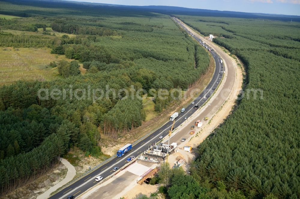 Friedersdorf from above - Construction and widening of the route of the highway / motorway BAB A12 at Friedersdorf at the Berliner Ring in Brandenburg