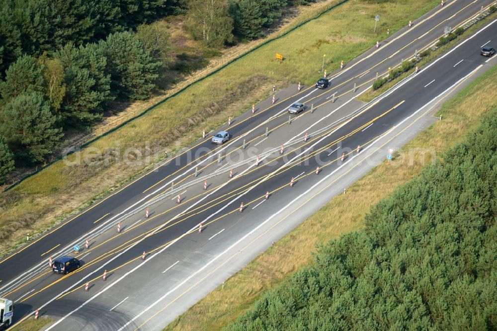 Friedersdorf from the bird's eye view: Construction and widening of the route of the highway / motorway BAB A12 at Friedersdorf at the Berliner Ring in Brandenburg