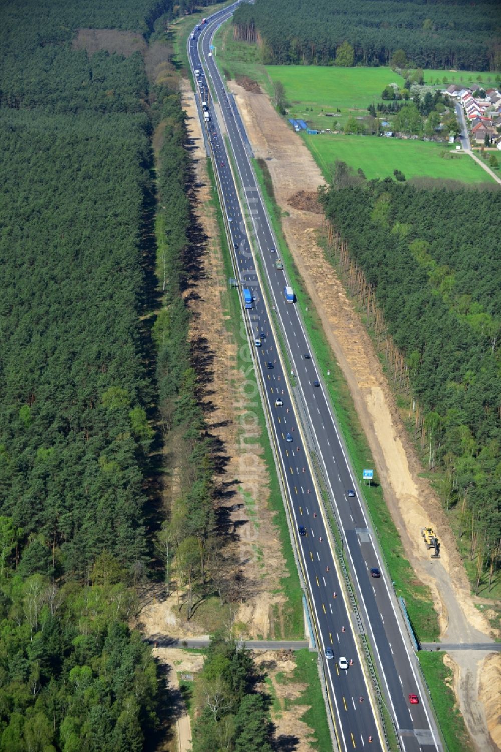 Markgrafpieske from above - View expansion and widening of the route of the highway / motorway BAB A12 / E30 Markgrafpieske in the state of Brandenburg