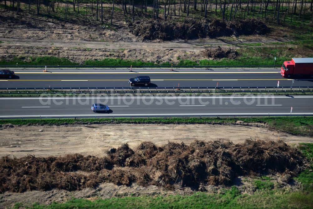 Markgrafpieske from the bird's eye view: View expansion and widening of the route of the highway / motorway BAB A12 / E30 Markgrafpieske in the state of Brandenburg