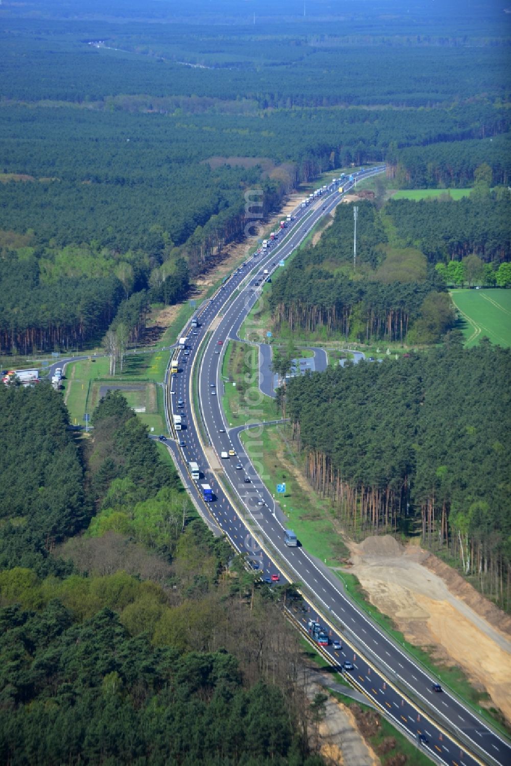 Aerial photograph Markgrafpieske - View expansion and widening of the route of the highway / motorway BAB A12 / E30 Markgrafpieske in the state of Brandenburg