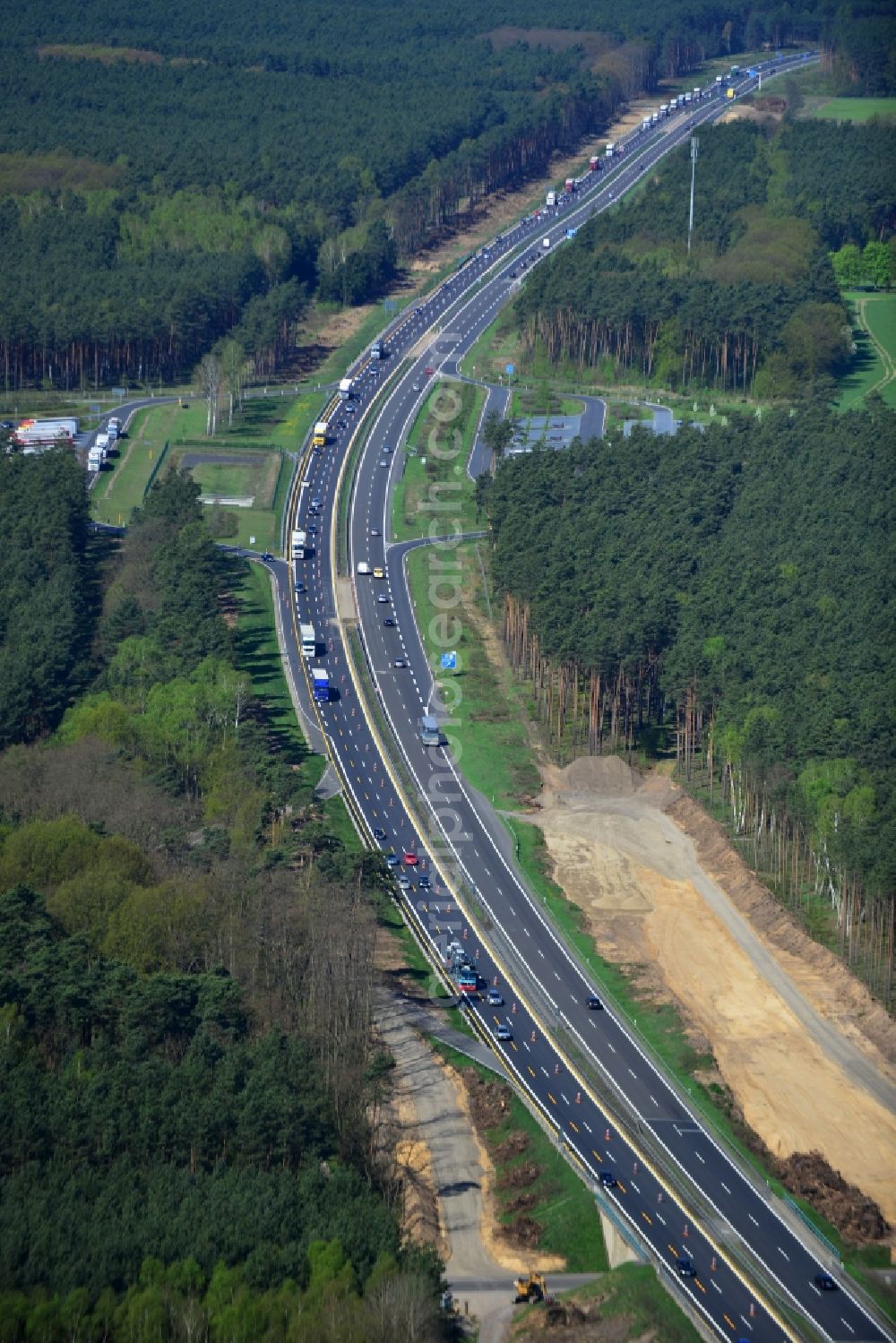 Markgrafpieske from above - View expansion and widening of the route of the highway / motorway BAB A12 / E30 Markgrafpieske in the state of Brandenburg