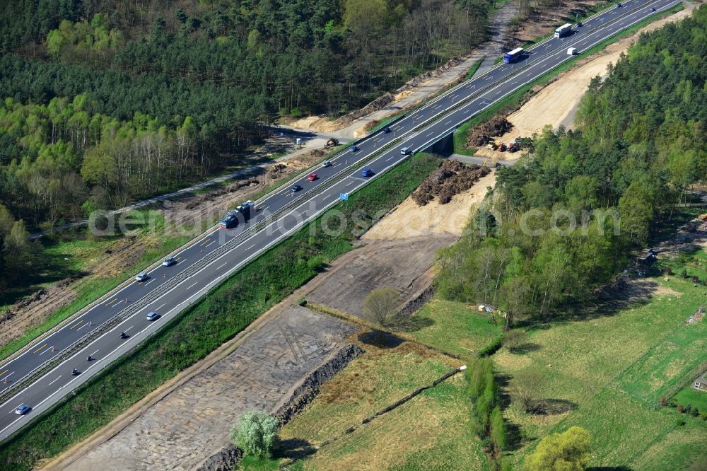 Markgrafpieske from above - View expansion and widening of the route of the highway / motorway BAB A12 / E30 Markgrafpieske in the state of Brandenburg