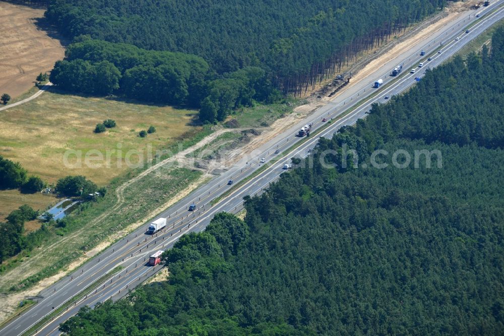 Markgrafpieske from above - Construction and widening of the route of the highway / motorway BAB A12 / E30 at Markgrafpieske in Brandenburg