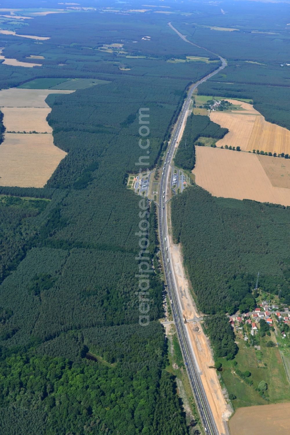 Markgrafpieske from above - Construction and widening of the route of the highway / motorway BAB A12 / E30 at Markgrafpieske in Brandenburg