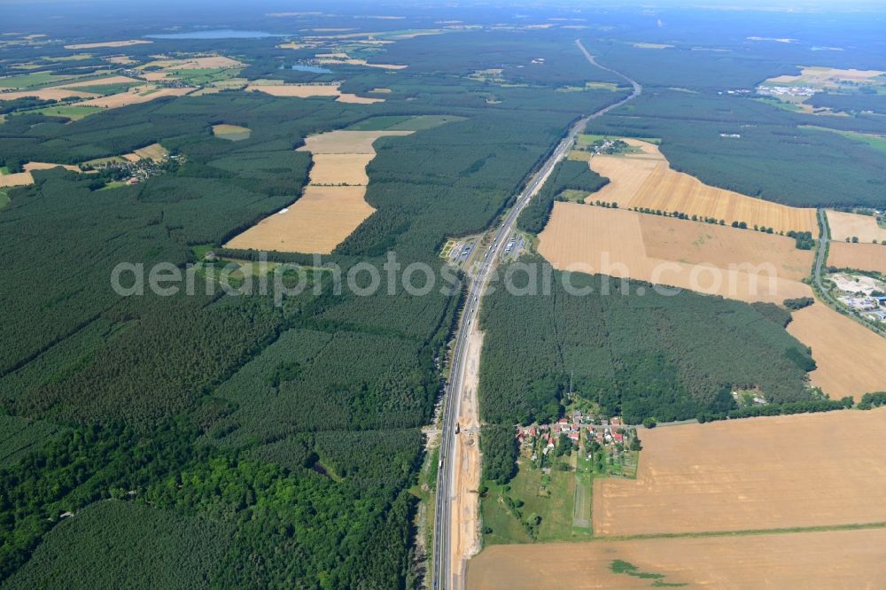 Markgrafpieske from the bird's eye view: Construction and widening of the route of the highway / motorway BAB A12 / E30 at Markgrafpieske in Brandenburg