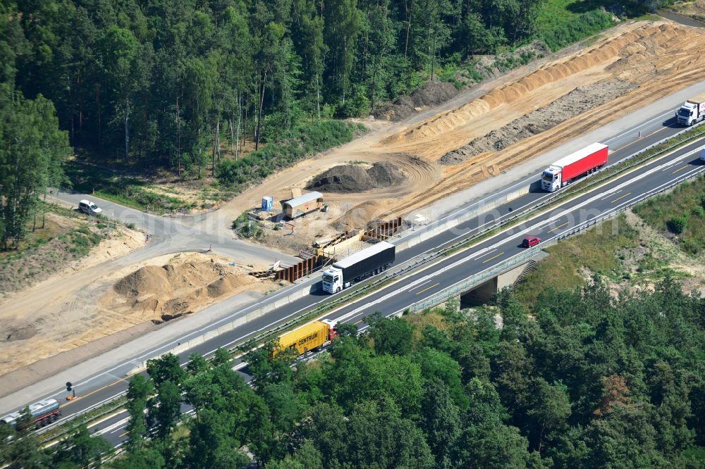 Markgrafpieske from above - Construction and widening of the route of the highway / motorway BAB A12 / E30 at Markgrafpieske in Brandenburg