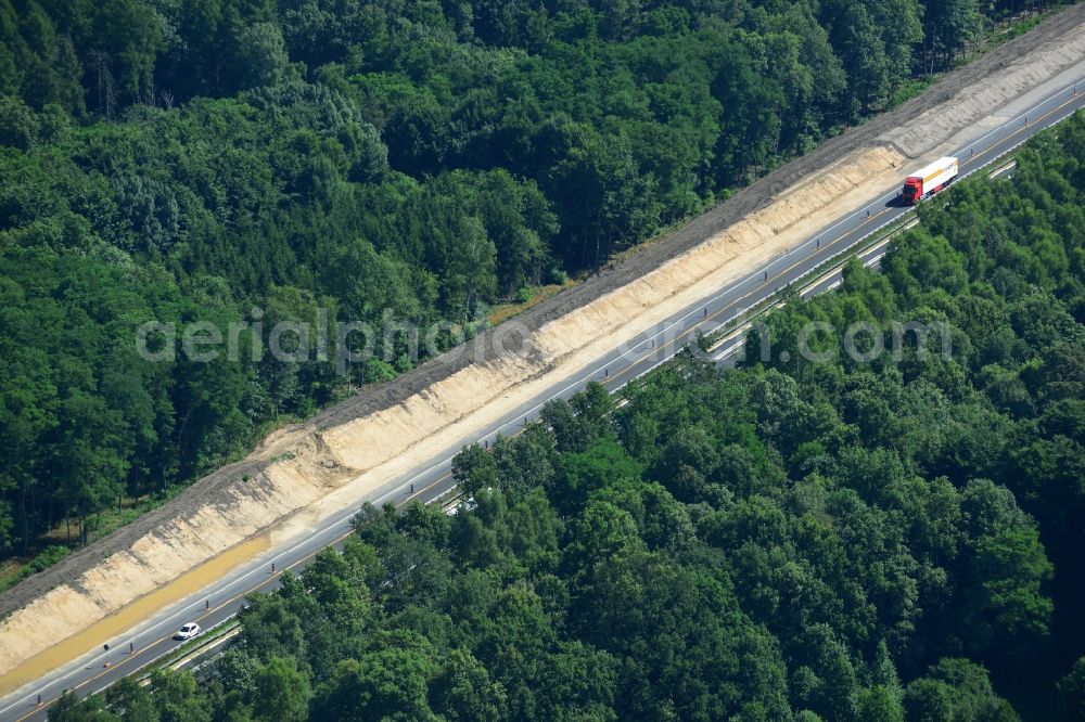 Markgrafpieske from the bird's eye view: Construction and widening of the route of the highway / motorway BAB A12 / E30 at Markgrafpieske in Brandenburg