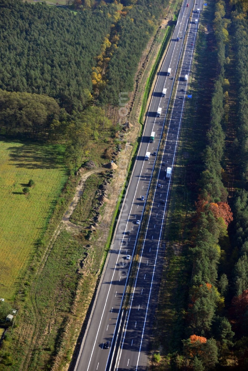 Markgrafpieske from above - View expansion and widening of the route of the highway / motorway BAB A12 / E30 Markgrafpieske in the state of Brandenburg