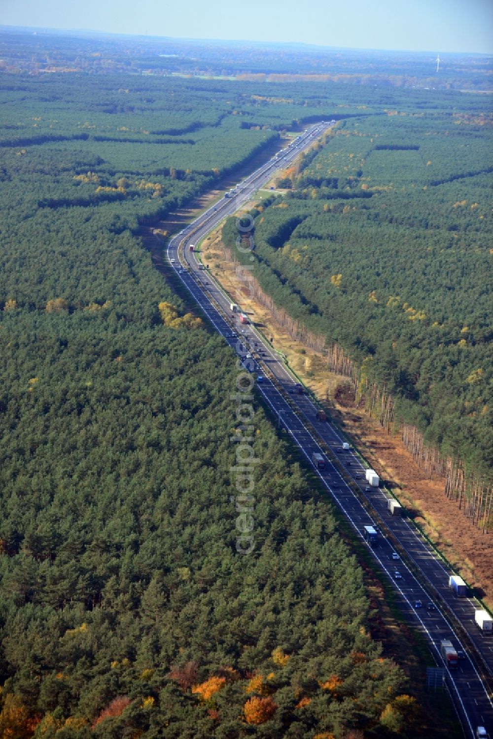 Markgrafpieske from the bird's eye view: View expansion and widening of the route of the highway / motorway BAB A12 / E30 Markgrafpieske in the state of Brandenburg