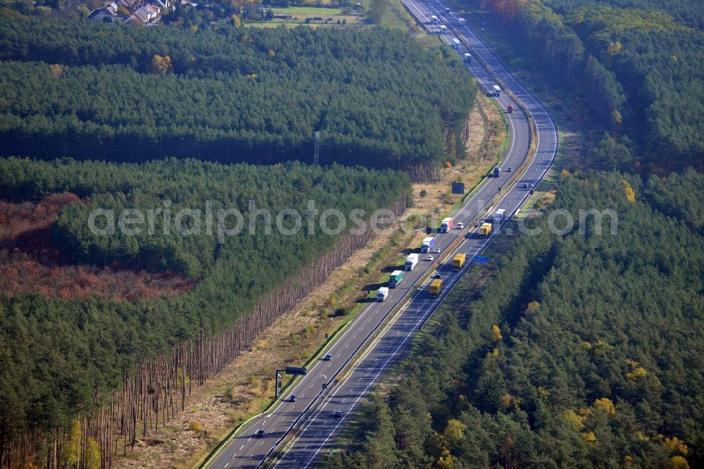 Markgrafpieske from above - View expansion and widening of the route of the highway / motorway BAB A12 / E30 Markgrafpieske in the state of Brandenburg