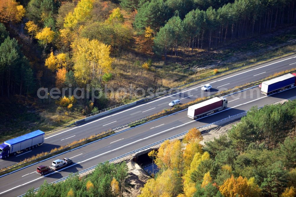 Markgrafpieske from above - View expansion and widening of the route of the highway / motorway BAB A12 / E30 Markgrafpieske in the state of Brandenburg