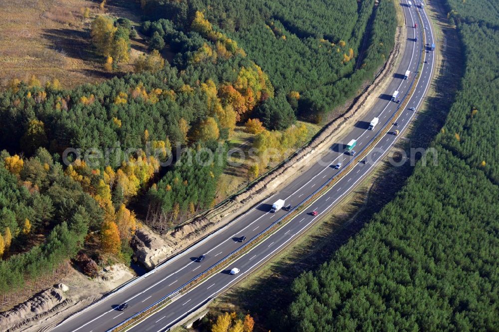 Markgrafpieske from above - View expansion and widening of the route of the highway / motorway BAB A12 / E30 Markgrafpieske in the state of Brandenburg