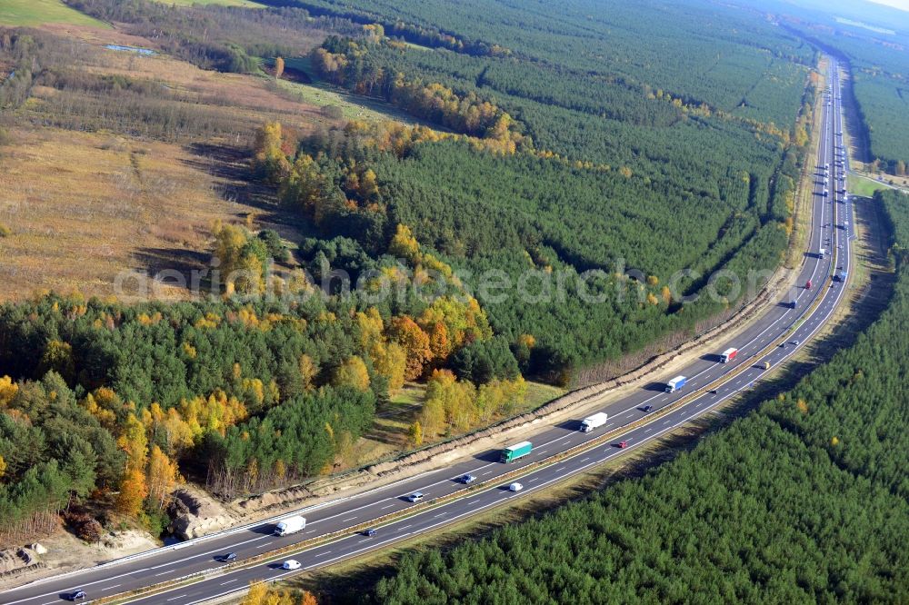 Markgrafpieske from the bird's eye view: View expansion and widening of the route of the highway / motorway BAB A12 / E30 Markgrafpieske in the state of Brandenburg