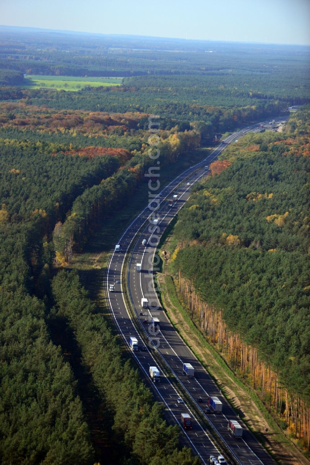 Markgrafpieske from above - View expansion and widening of the route of the highway / motorway BAB A12 / E30 Markgrafpieske in the state of Brandenburg