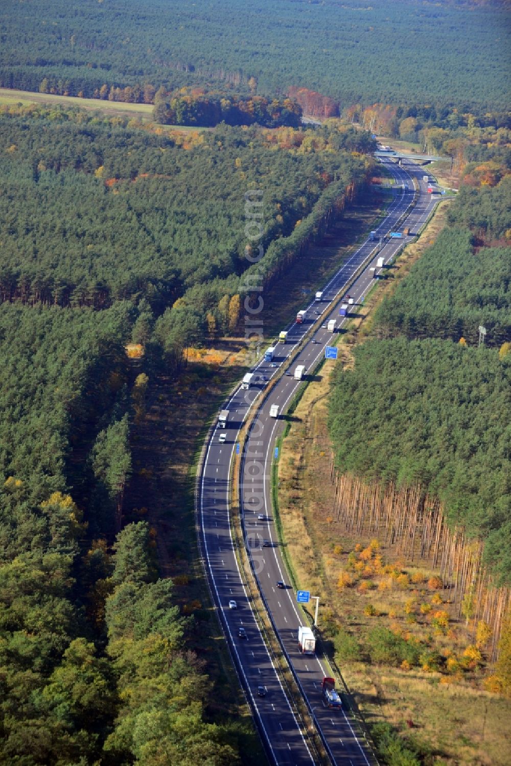 Markgrafpieske from the bird's eye view: View expansion and widening of the route of the highway / motorway BAB A12 / E30 Markgrafpieske in the state of Brandenburg