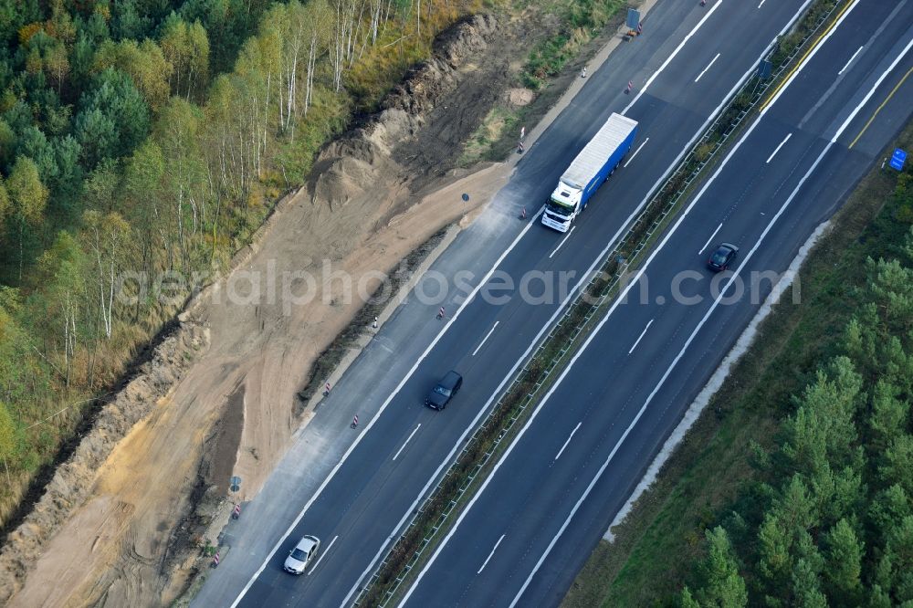 Aerial image Markgrafpieske - View expansion and widening of the route of the highway / motorway BAB A12 / E30 Markgrafpieske in the state of Brandenburg