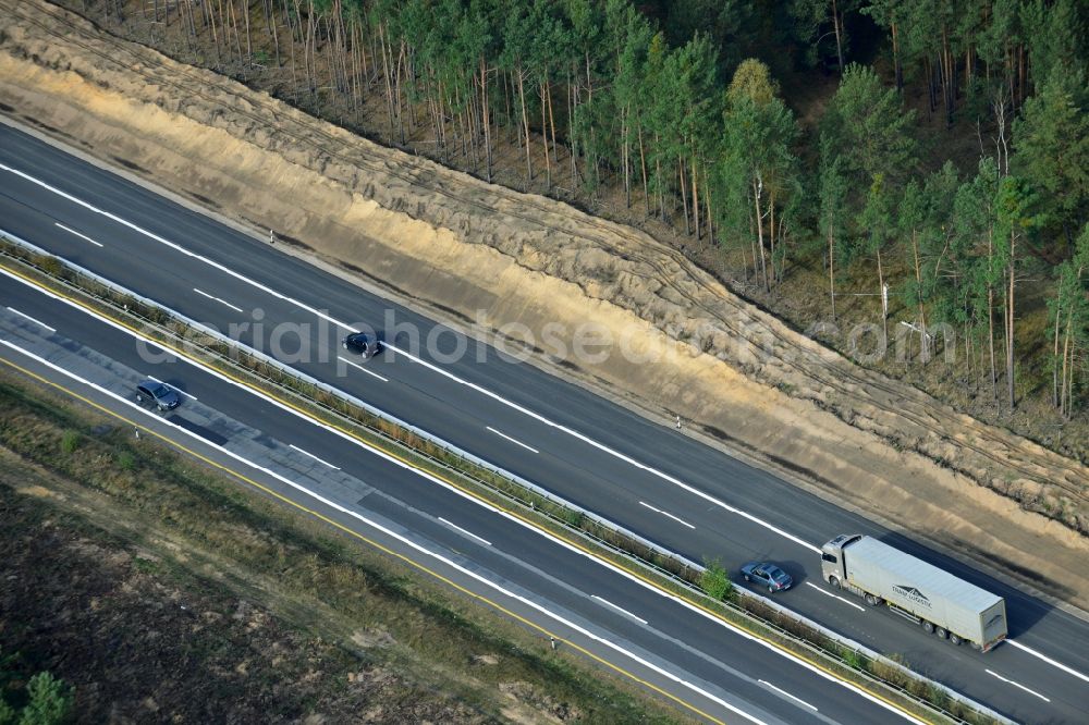 Markgrafpieske from above - View expansion and widening of the route of the highway / motorway BAB A12 / E30 Markgrafpieske in the state of Brandenburg