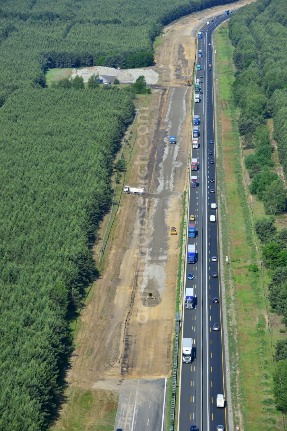 Markgrafpieske from above - View expansion and widening of the route of the highway / motorway BAB A12 / E30 Markgrafpieske in the state of Brandenburg