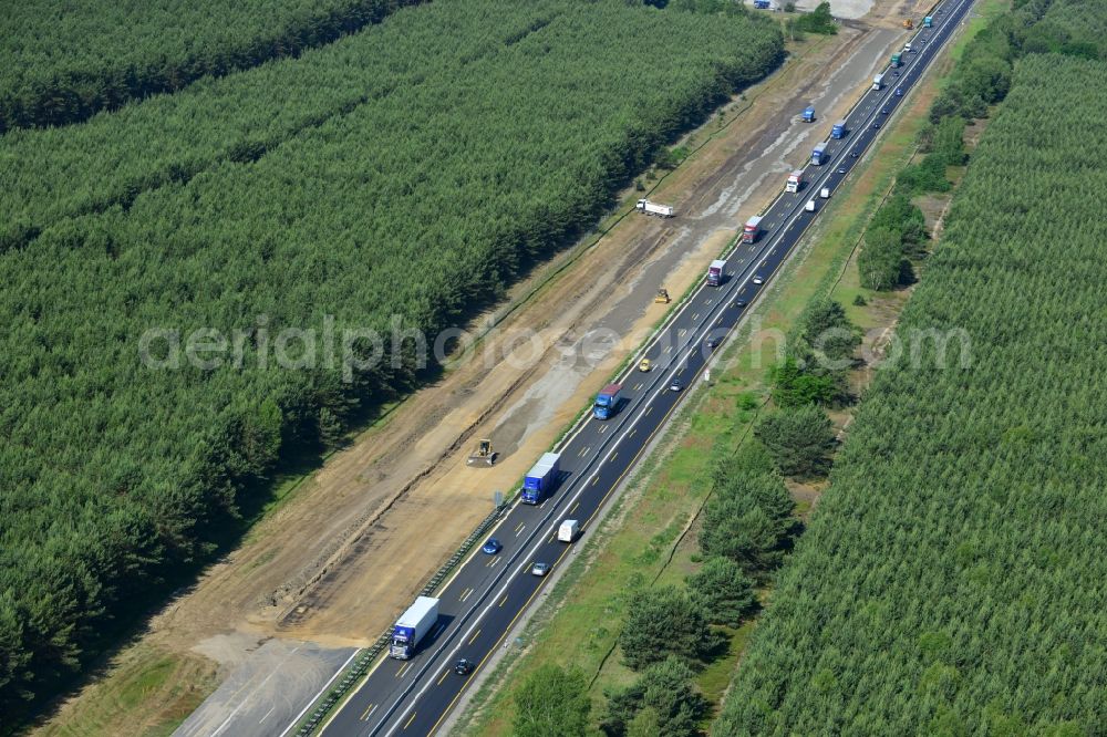 Markgrafpieske from the bird's eye view: View expansion and widening of the route of the highway / motorway BAB A12 / E30 Markgrafpieske in the state of Brandenburg