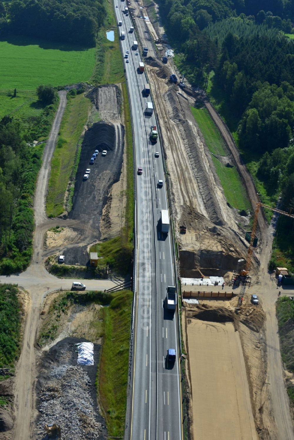 Aerial photograph Markgrafpieske - View expansion and widening of the route of the highway / motorway BAB A12 / E30 Markgrafpieske in the state of Brandenburg