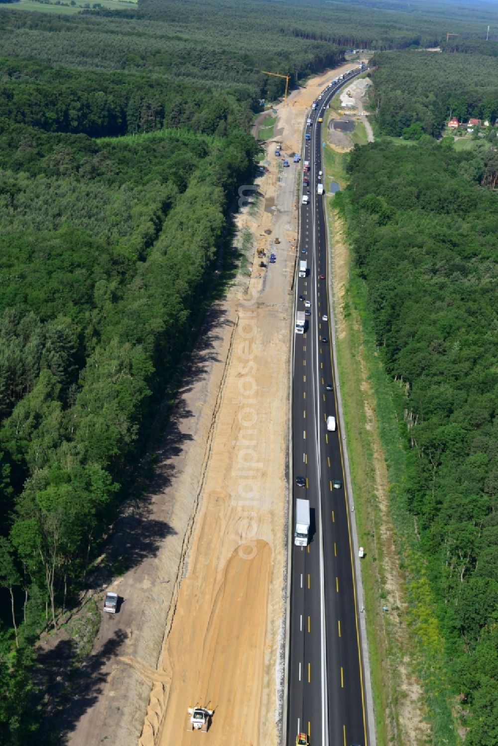 Aerial photograph Markgrafpieske - View expansion and widening of the route of the highway / motorway BAB A12 / E30 Markgrafpieske in the state of Brandenburg