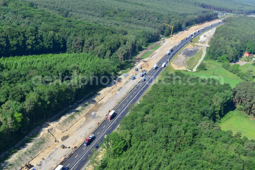 Markgrafpieske from above - View expansion and widening of the route of the highway / motorway BAB A12 / E30 Markgrafpieske in the state of Brandenburg