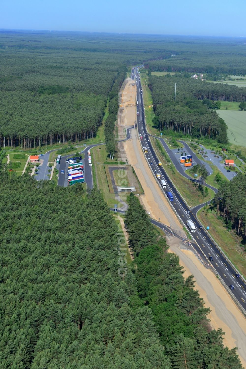 Aerial image Markgrafpieske - View expansion and widening of the route of the highway / motorway BAB A12 / E30 Markgrafpieske in the state of Brandenburg