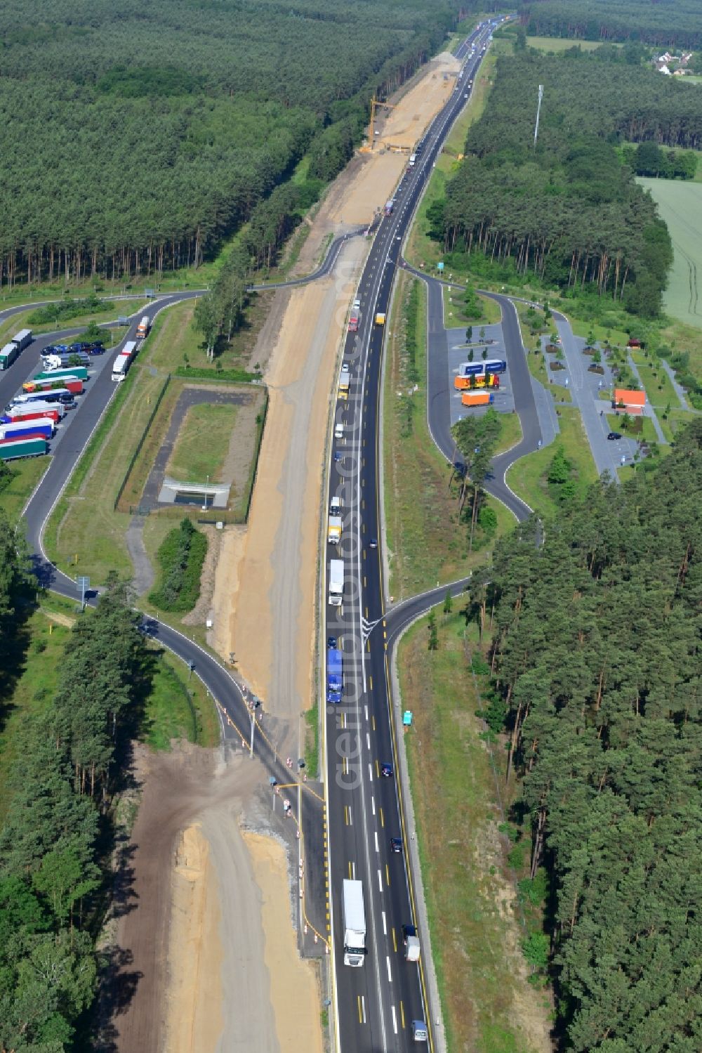 Markgrafpieske from above - View expansion and widening of the route of the highway / motorway BAB A12 / E30 Markgrafpieske in the state of Brandenburg